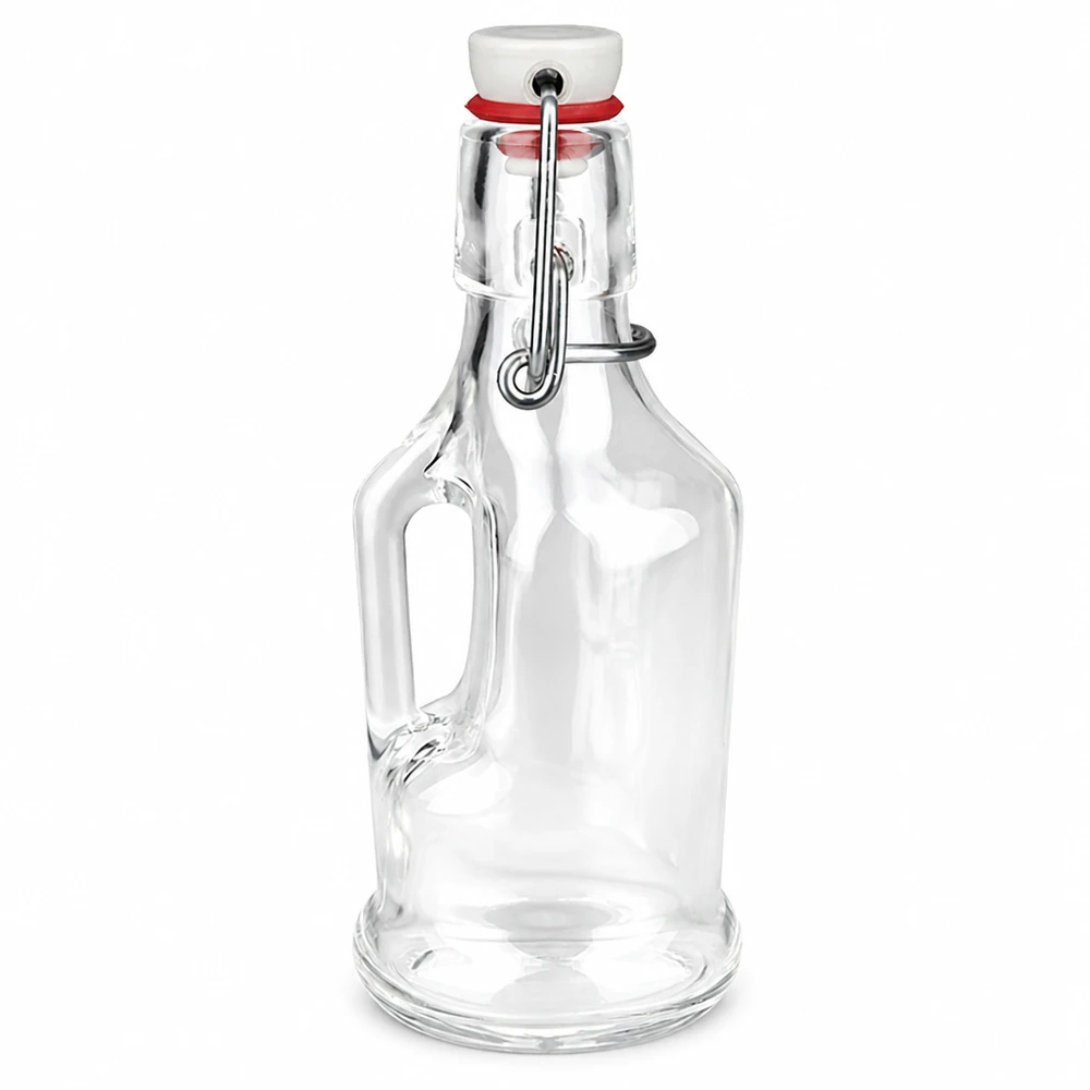 Botella de vidrio Bertha de 200 ml con tapón giratorio de PVC UNiTWIST, vidrio transparente, asa, tapón de cerámica blanca