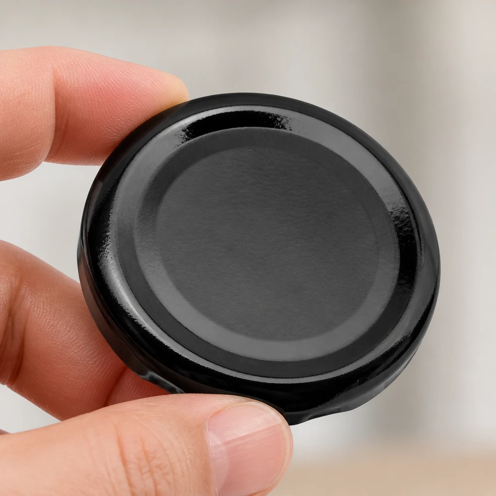 Primer plano de la tapa metálica negra de 48 mm TO48 BasicSeal UNiTWIST con asas para los dedos