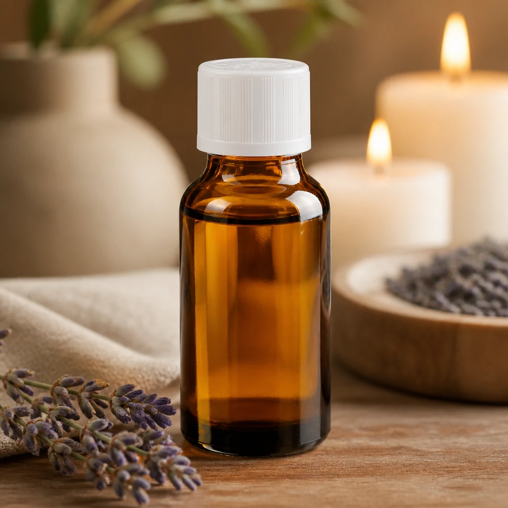 Frasco compacto de vidrio ámbar de 20 ml con tapón de rosca blanco y cierre de seguridad para niños, junto a flores de lavanda
