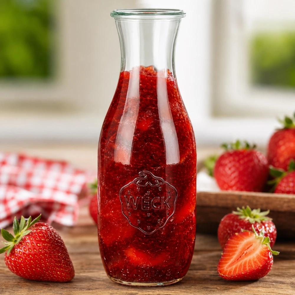 Botella de zumo WECK 1062ml RR60 llena de zumo de fresa roja rodeada de fresas frescas sobre una base de madera