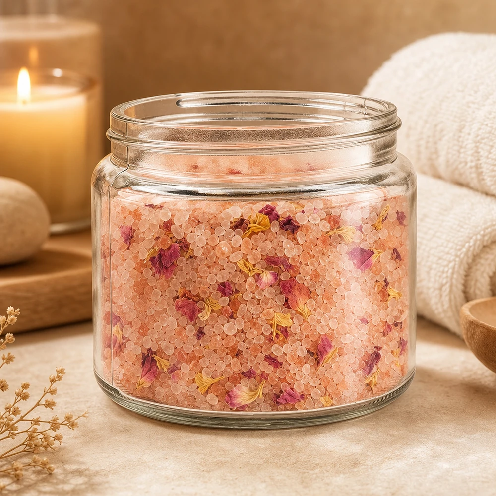 Ungüentario (tarro de cristal) 250 ml transparente, sin tapa, rosca 83mm/R3 Tarro de cristal de 250 ml decorado en un entorno natural de spa con sales de baño, flores, velas y toalla