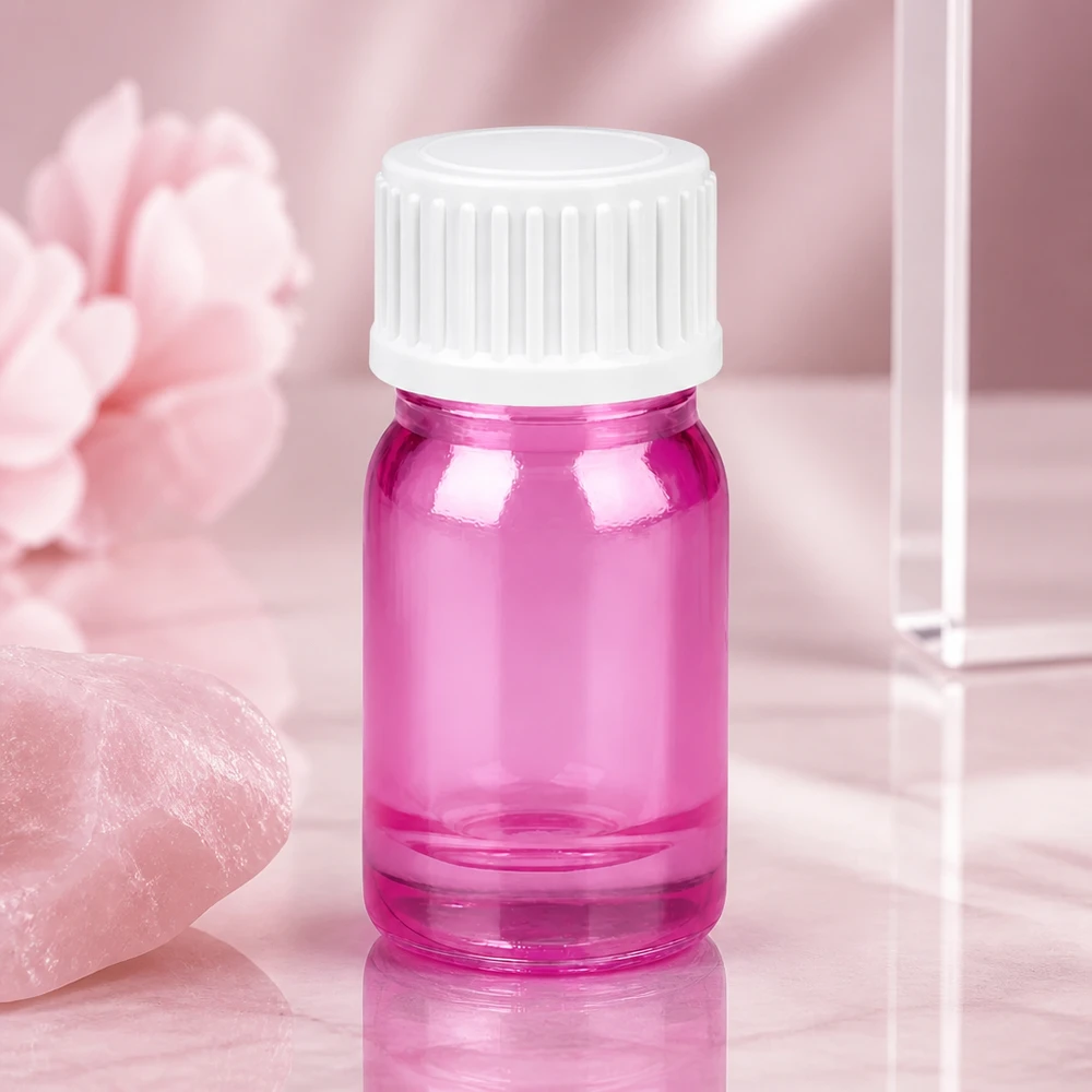 Frasco compacto de cristal de 5 ml en rosa con tapón blanco para aromaterapia móvil y viajes