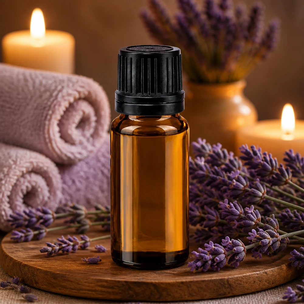 Botella de farmacia marrón 10ml tapón cuentagotas anillo vertedor 1mm tapón inviolable negro Frasco de farmacia de color ámbar de 10 ml con tapón de seguridad negro y decoración de lavanda