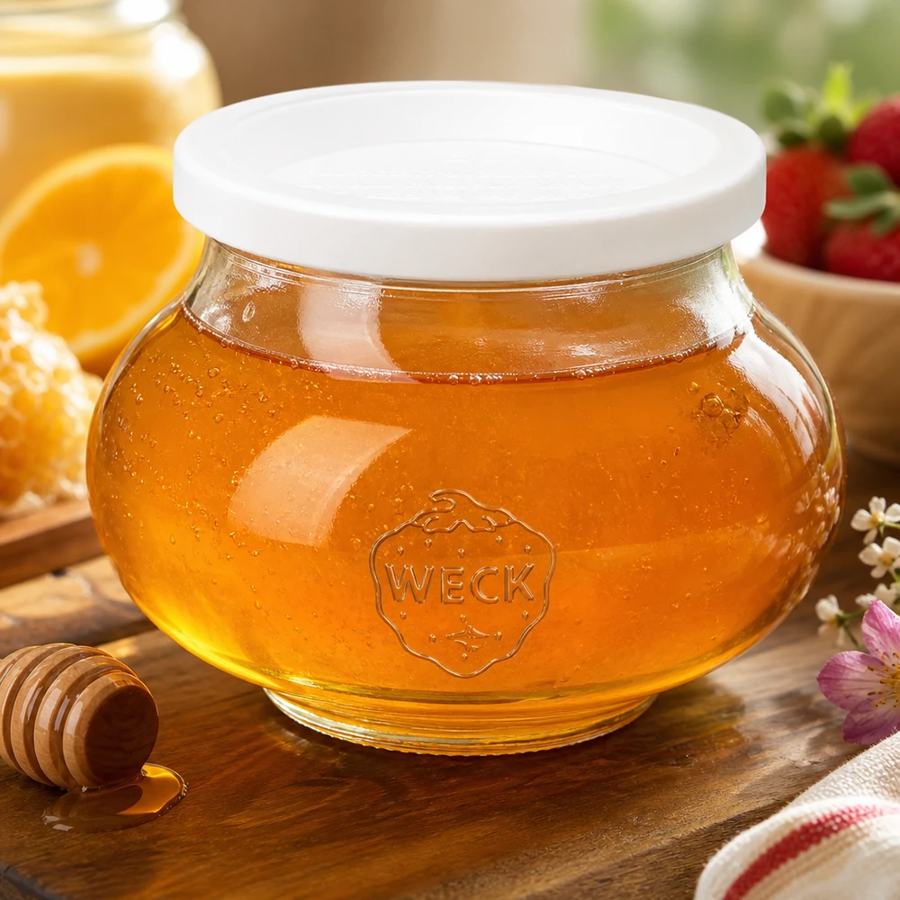 Frasco decorativo de 560 ml con tapa hermética WECK RR80 Tarro de miel WECK 560ml RR80 lleno de miel y cuchara de miel sobre una tabla de madera rústica con rodajas de naranja