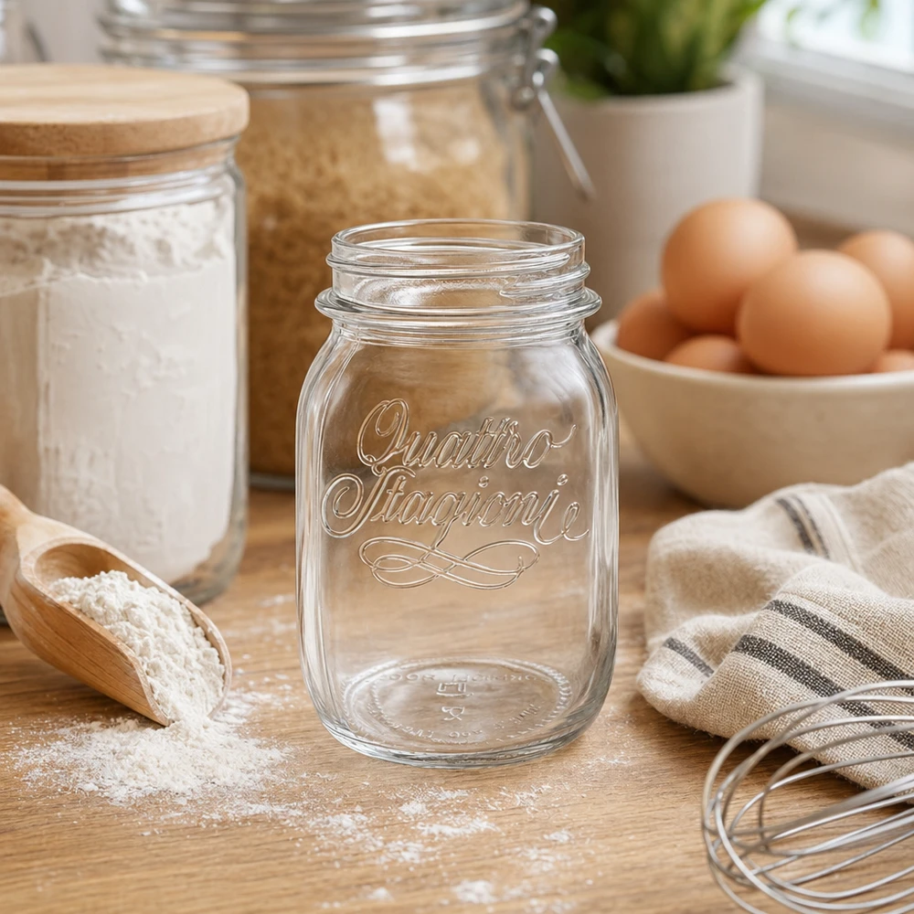Tarro redondo de 500ml "Quattro Stagioni" QS70mm Vaso doméstico Quattro Stagioni de 500 ml sobre una mesa de madera con utensilios de cocina, huevos y harina al fondo