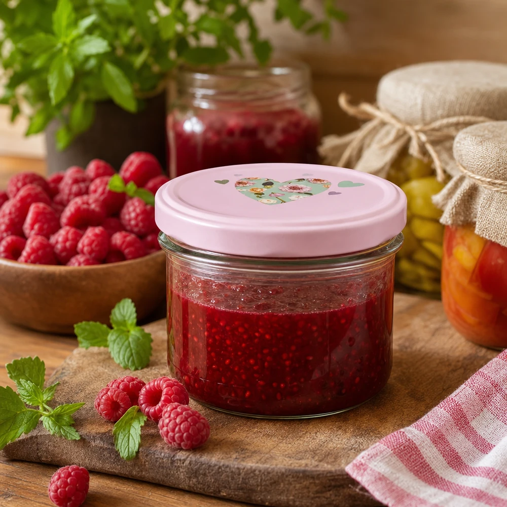Mermelada de frambuesa casera en un tarro de 225 ml con tapa BasicSeal rosa en forma de corazón rodeado de frambuesas frescas