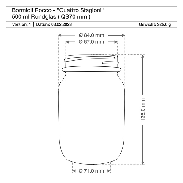 Tarro redondo "Quattro Stagioni" de 700 ml con tapa Dibujo técnico 500ml Quattro Stagioni vaso redondo con dimensiones diámetro 84mm altura 136mm Bormioli Rocco