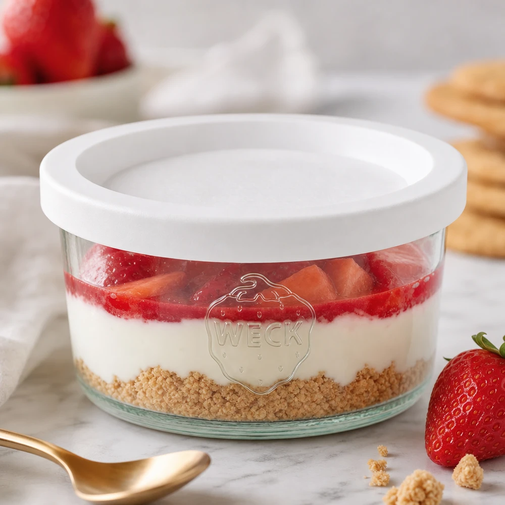 Vaso de 165ml con tapa de frescura WECK RR80 Vaso WECK 165ml RR80 como cuenco de postre con fresas y base de galleta junto a una cuchara dorada sobre mármol