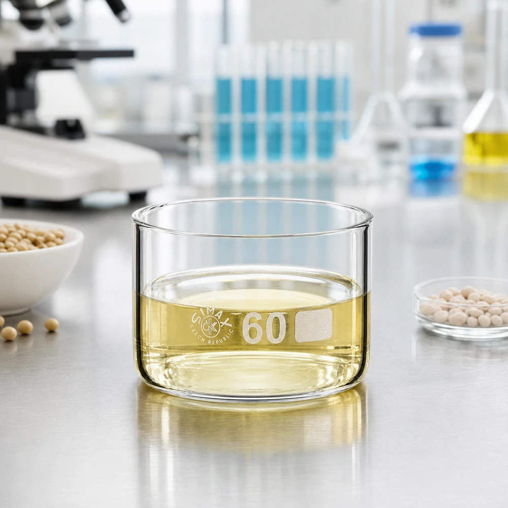 Cubeta de cristalización de 60 ml con una solución amarillenta en el laboratorio de investigación, junto a los extractos de soja