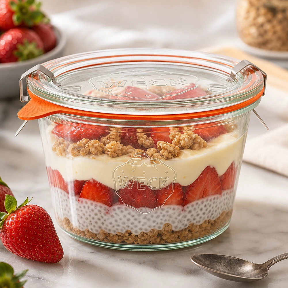 Los vasos WECK de 370 ml RR100 con postre de capas de pudin de chía y fresas muestran un uso versátil como tarro de porciones