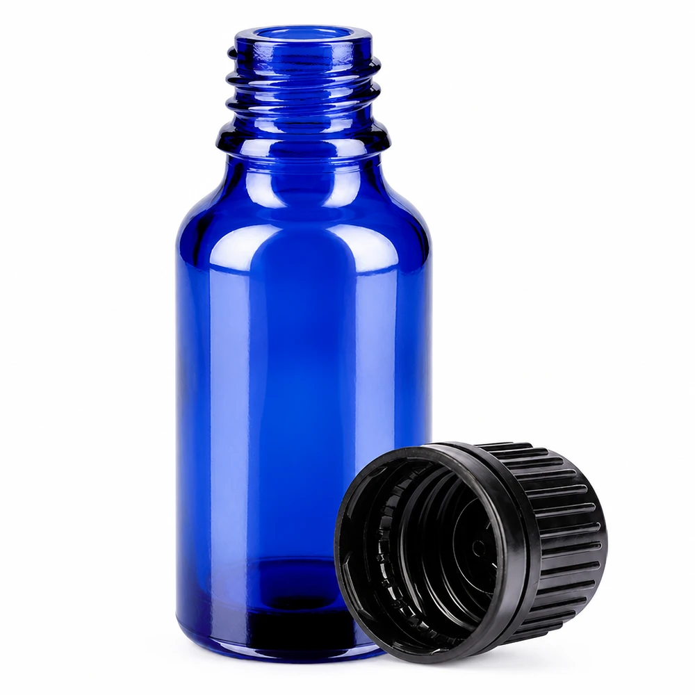 Botella 20ml 11mm tapón rosca negro cierre inviolable BlueLine UT18/20 Frasco de vidrio azul de 20 ml con rosca de 11 mm y tapón negro para una dosificación precisa