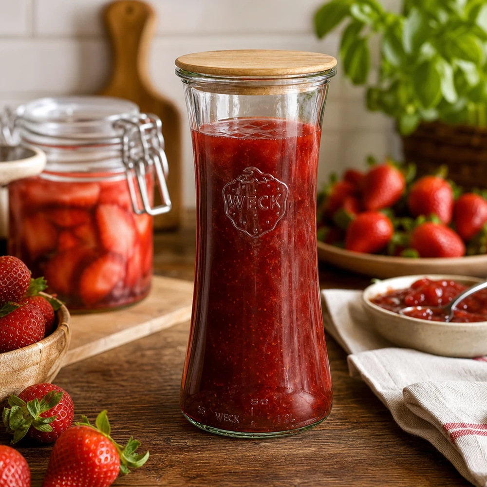 WECK tarro de cristal 700ml con tapa de bambú relleno de mermelada de fresa escena de cocina conservación almacenamiento