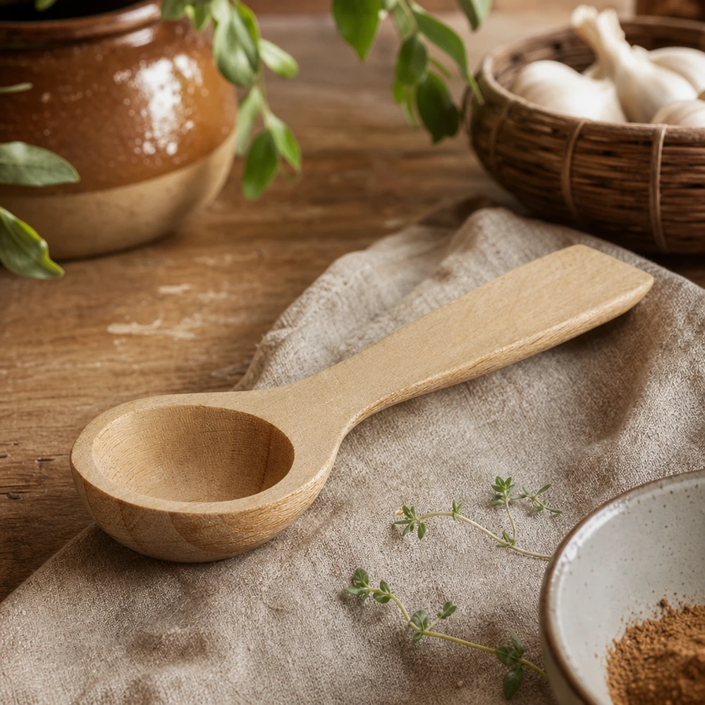 Pequeña pala de madera en forma de cuchara sobre tela de lino decorada con hierbas escena de cocina rústica madera de haya 7.7cm