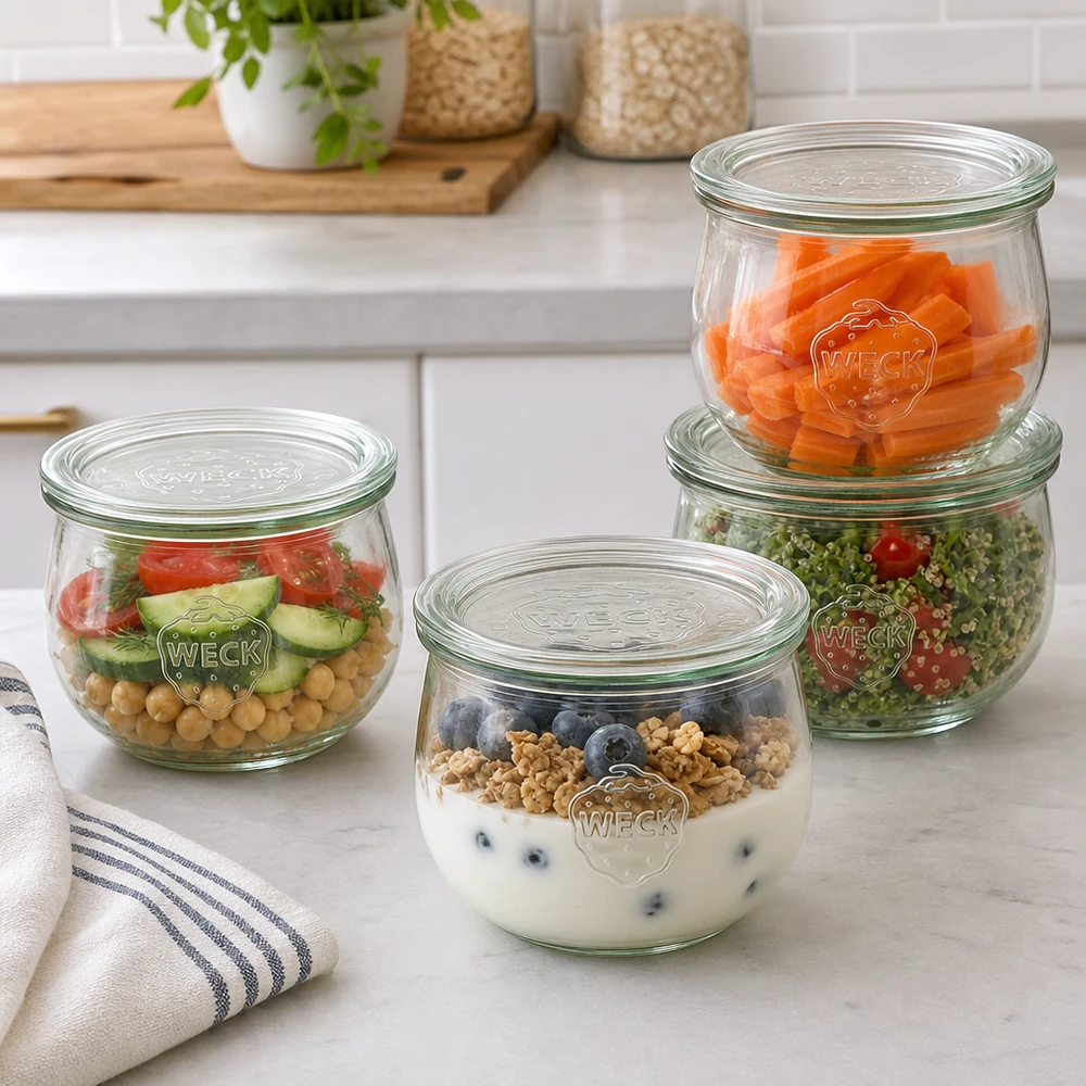 Tarro tulipán de 580ml con tapa de cristal WECK RR100 WECK tarros tulipán 580ml RR100 como prácticos recipientes para preparar comidas con ensalada, yogur y verduras en la cocina moderna