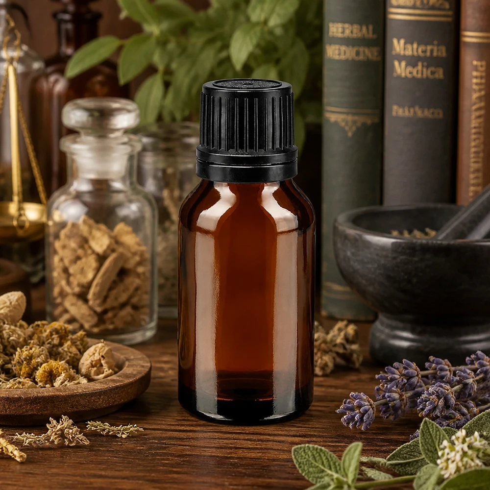 Frasco de farmacia marrón de 15 ml con tapón de rosca, entre plantas medicinales de lavanda y libros de Materia Médica