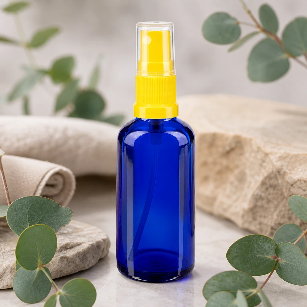 Botella de farmacia azul 50ml pulverizador superior amarillo Frasco pulverizador azul de farmacia de 50 ml con tapón protector transparente y pulverizador amarillo