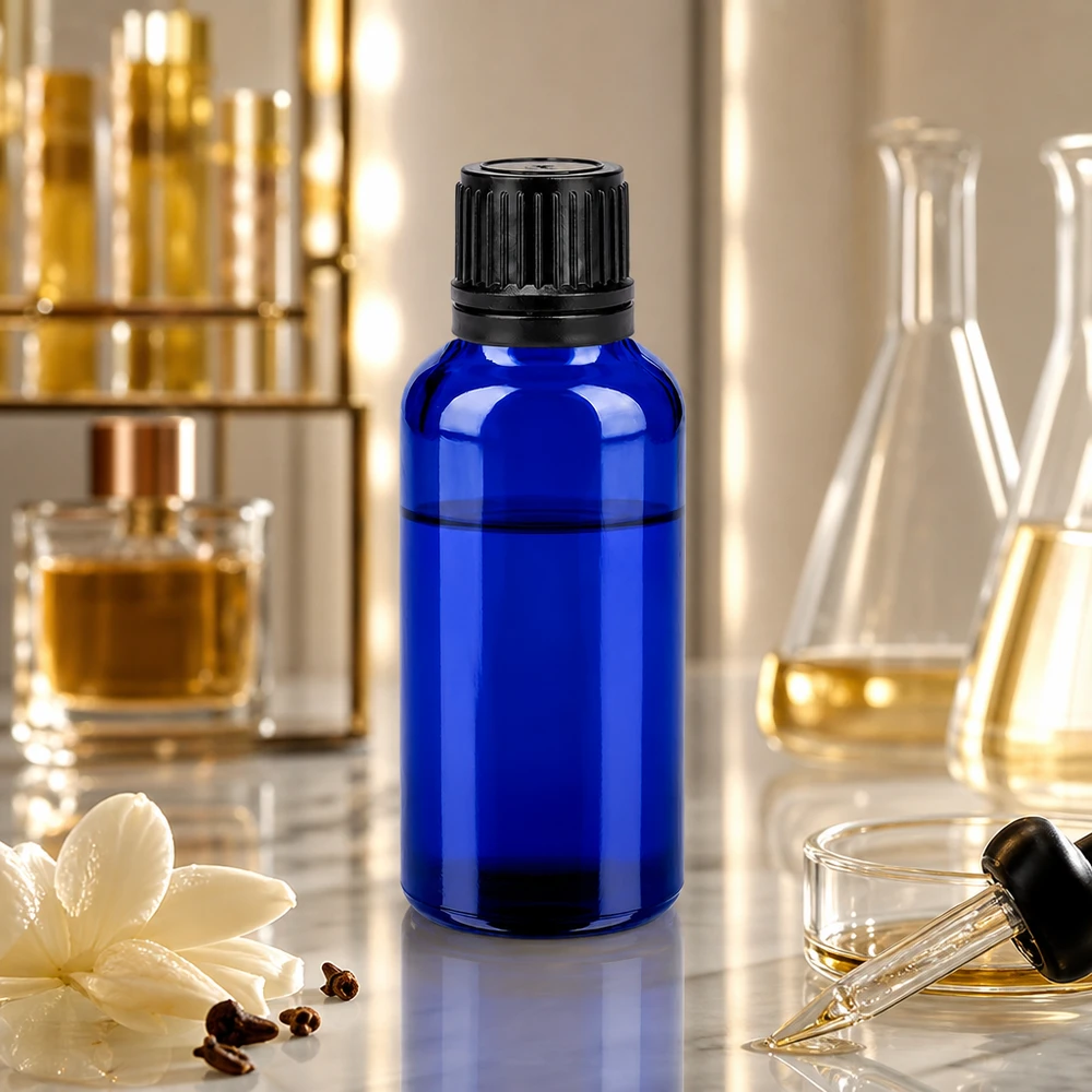 Pequeño frasco de farmacia de 30 ml de vidrio azul con protección UV para aplicaciones de laboratorio