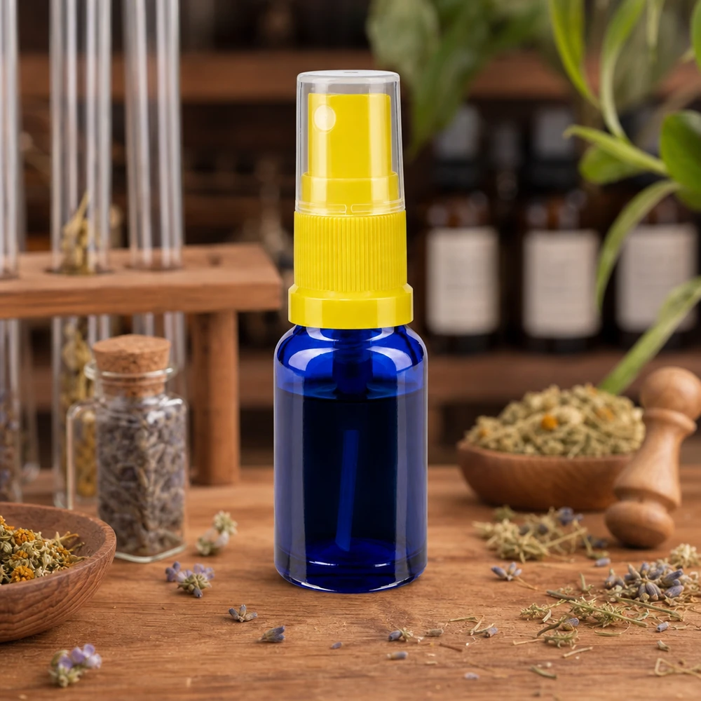 Frasco de farmacia azul de 30 ml con pulverizador amarillo, entre hierbas secas y plantas medicinales