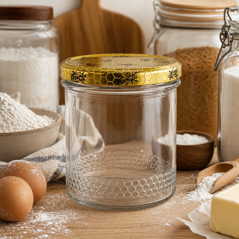 Tarro de miel de 400 ml vacío con tapa de panal dorada en cocina rústica, ingredientes de repostería y huevos para apicultura