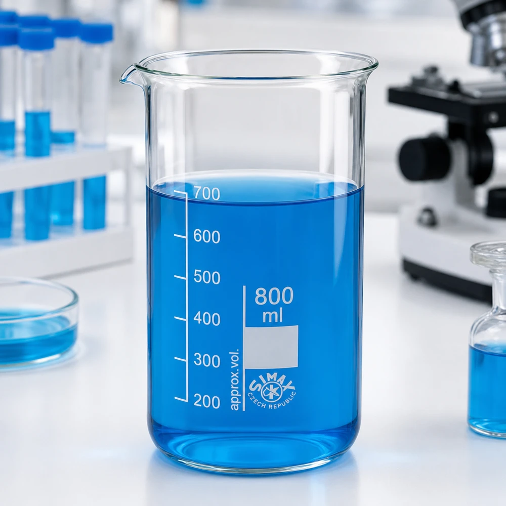 Vaso de precipitados vacío de 800 ml, de forma alta, de vidrio borosilicato, con líquido azul en el laboratorio