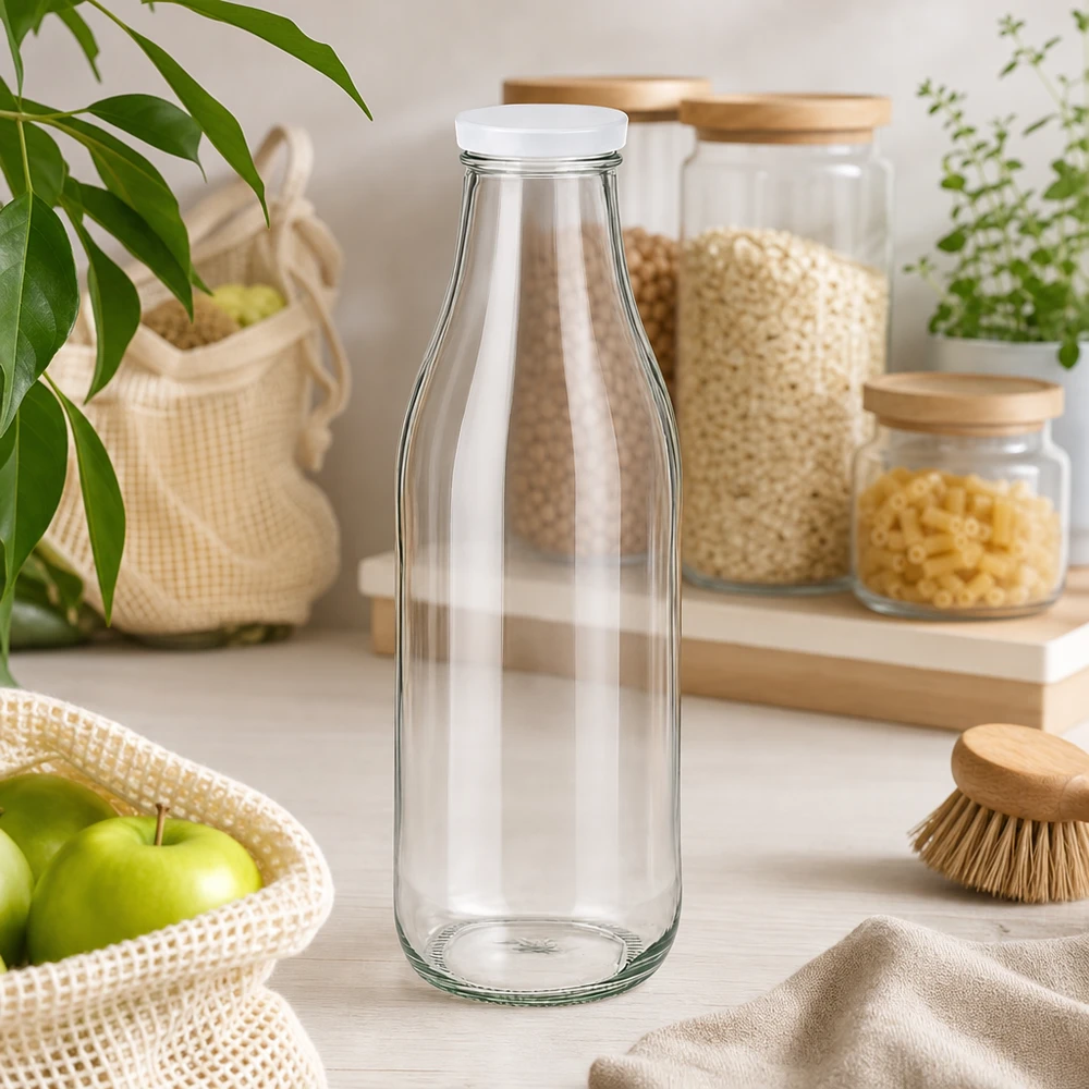 Botella de vidrio vacía de 1000 ml con tapa blanca BasicSeal cocina sostenible estilo de vida residuo cero almacenamiento
