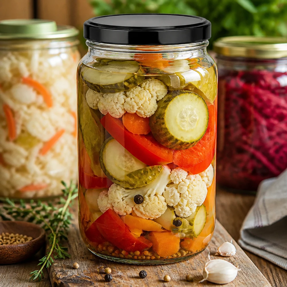 Mezcla de verduras en escabeche en tarro redondo de 1700 ml con tapa negra BasicSeal tarro de conserva de aplicación práctica