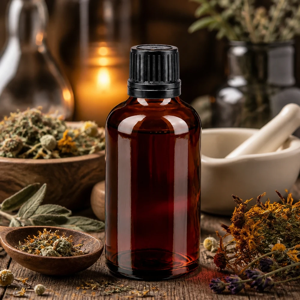 Frasco de vidrio ámbar de 50 ml con tapón OV negro, rodeado de hierbas medicinales secas. Medicina natural