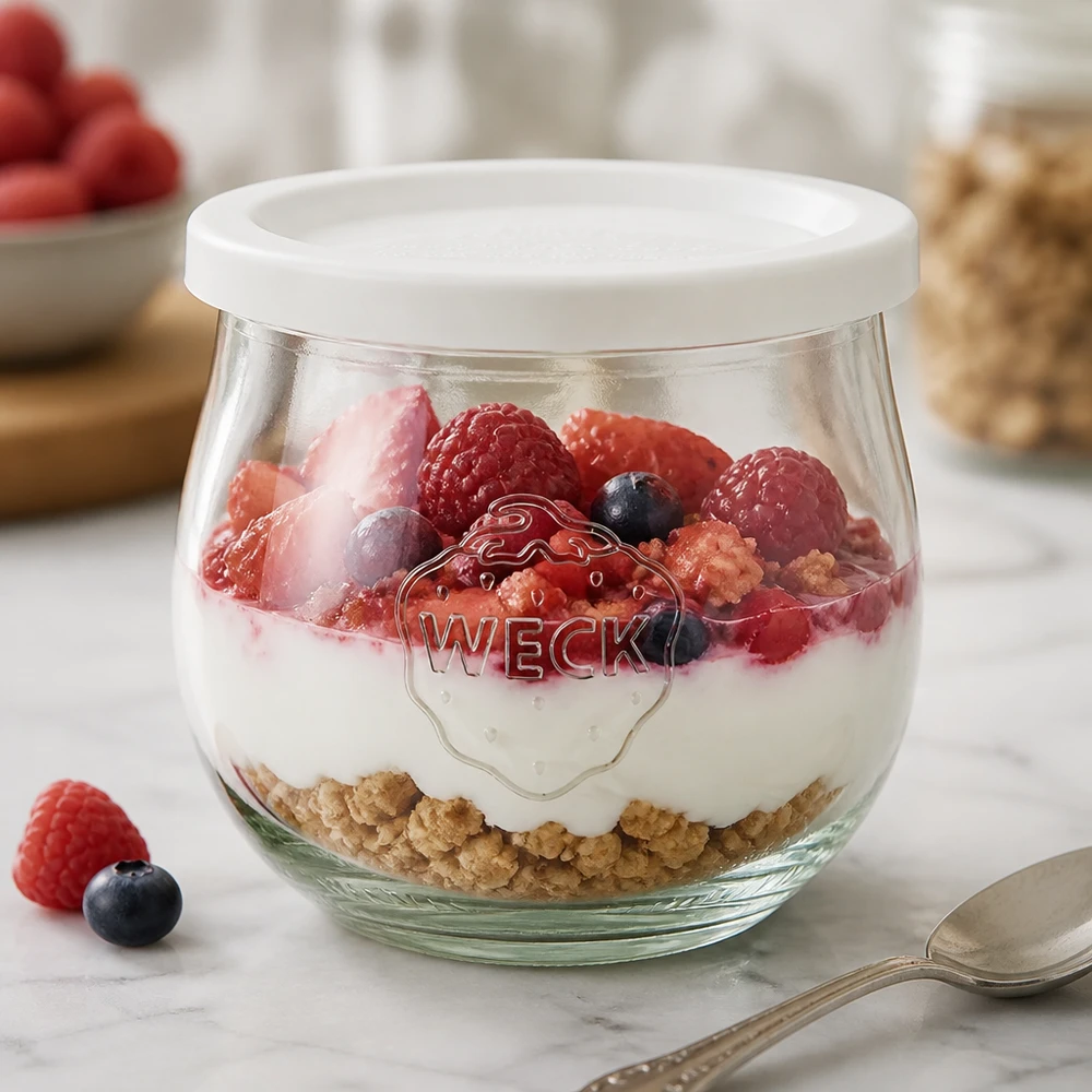 WECK tarro tulipán 370ml como recipiente de postre lleno de yogur y bayas, tapa blanca frescura RR80 visible