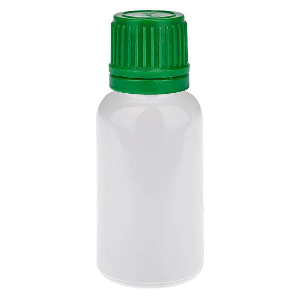 Botella de 20 ml con tapón de rosca verde de 11 mm con cierre de seguridad WhiteLine UT18/20 Botella de 20 ml con tapón de rosca verde de 11 mm con cierre de seguridad WhiteLine UT18/20