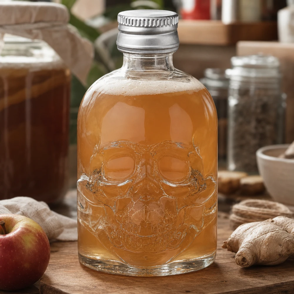 Botella de vidrio de 50 ml «Hector» y tapón de rosca plateado UNiTWIST® Botella de cristal Hector de 50 ml con relieve de calavera llena de bebida de manzana y jengibre en un entorno de cocina natural