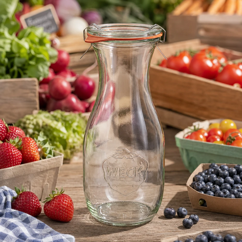 Botella de zumo WECK 530ml RR60 vacía con tapa abatible entre frutas y verduras frescas sobre una mesa de madera
