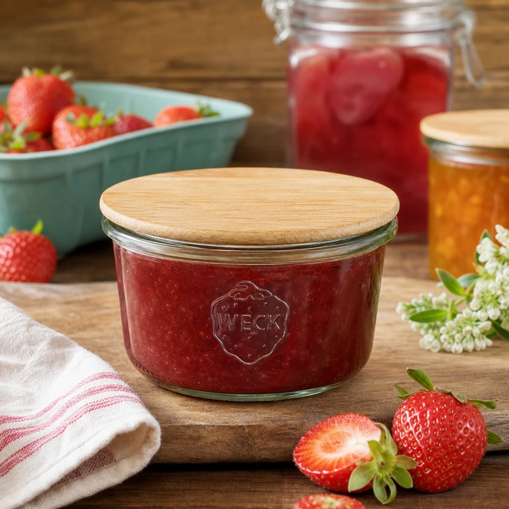 Tarro de conserva WECK RR80 con mermelada de fresa y tapa de bambú en una escena de cocina rústica con fruta fresca