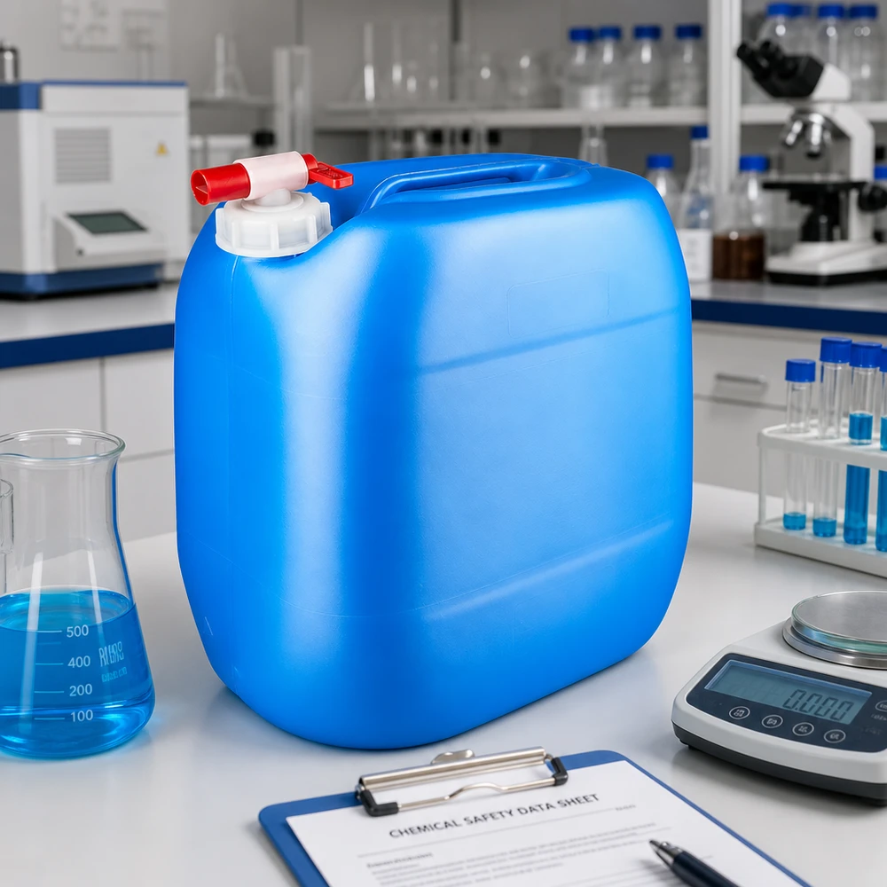 Bidón de HDPE azul claro de 30 litros con grifo rojo sobre una mesa de laboratorio blanca