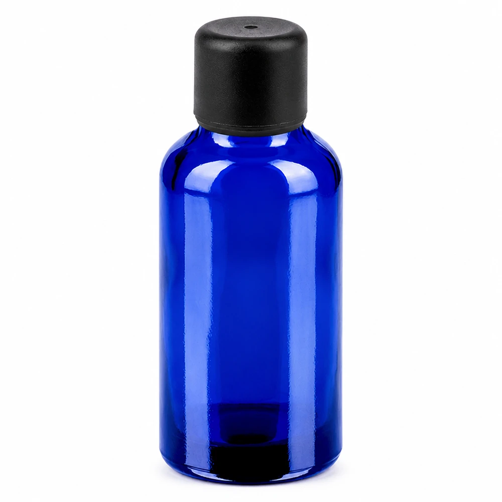 Frasco de vidrio azul de 30 ml con tapón negro para aceites esenciales y cosméticos