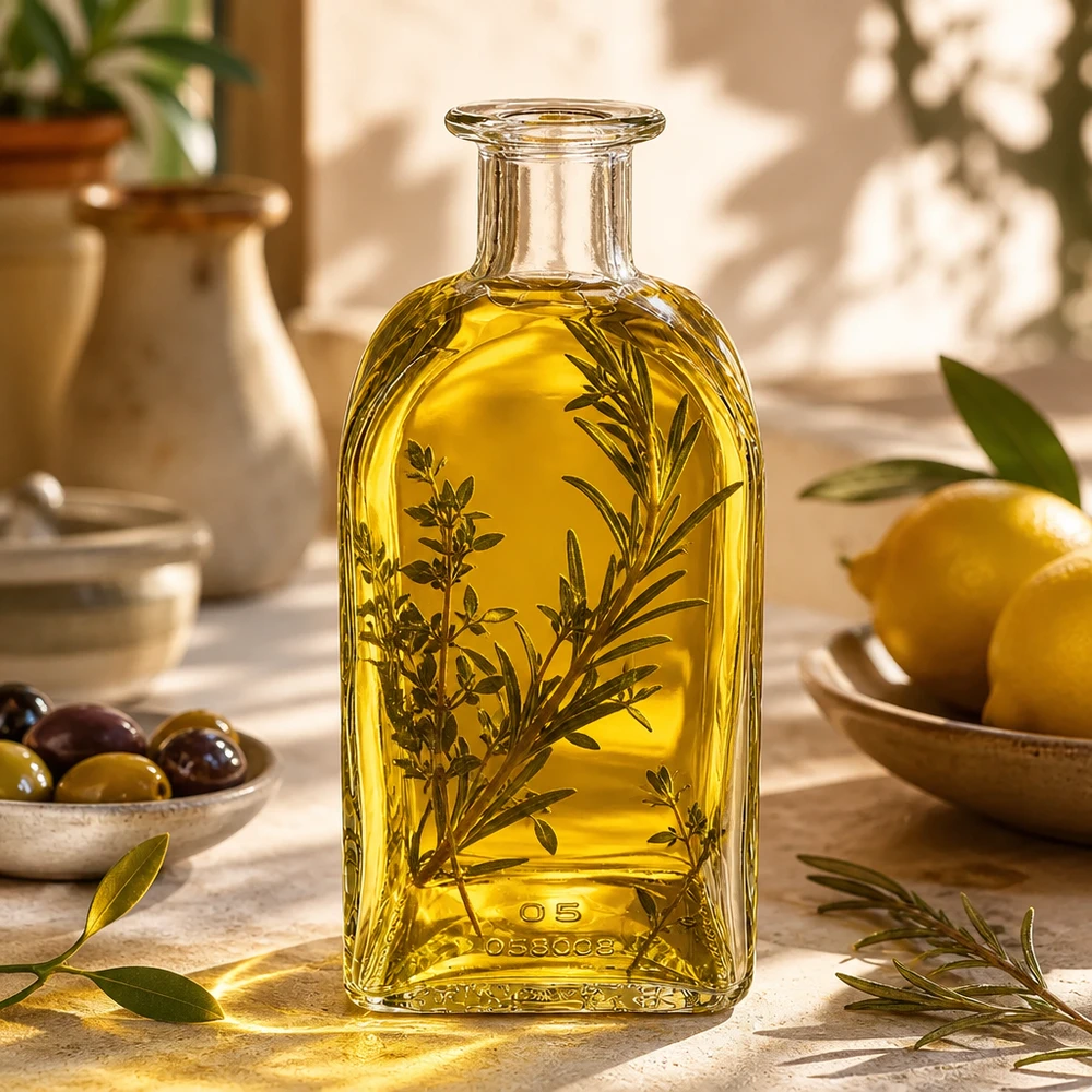 Botella de cristal de 500 ml Julia rellena de aceite de oliva y hierbas Cocina mediterránea con aceitunas y limones