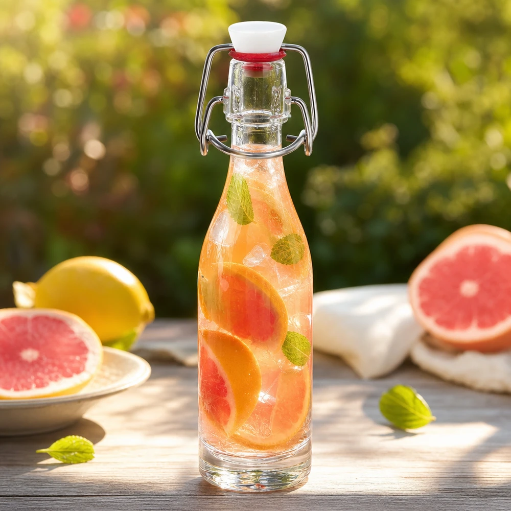 Botella de cristal de 50 ml con tapón oscilante de PVC llena de agua de pomelo y menta en un ambiente veraniego de jardín
