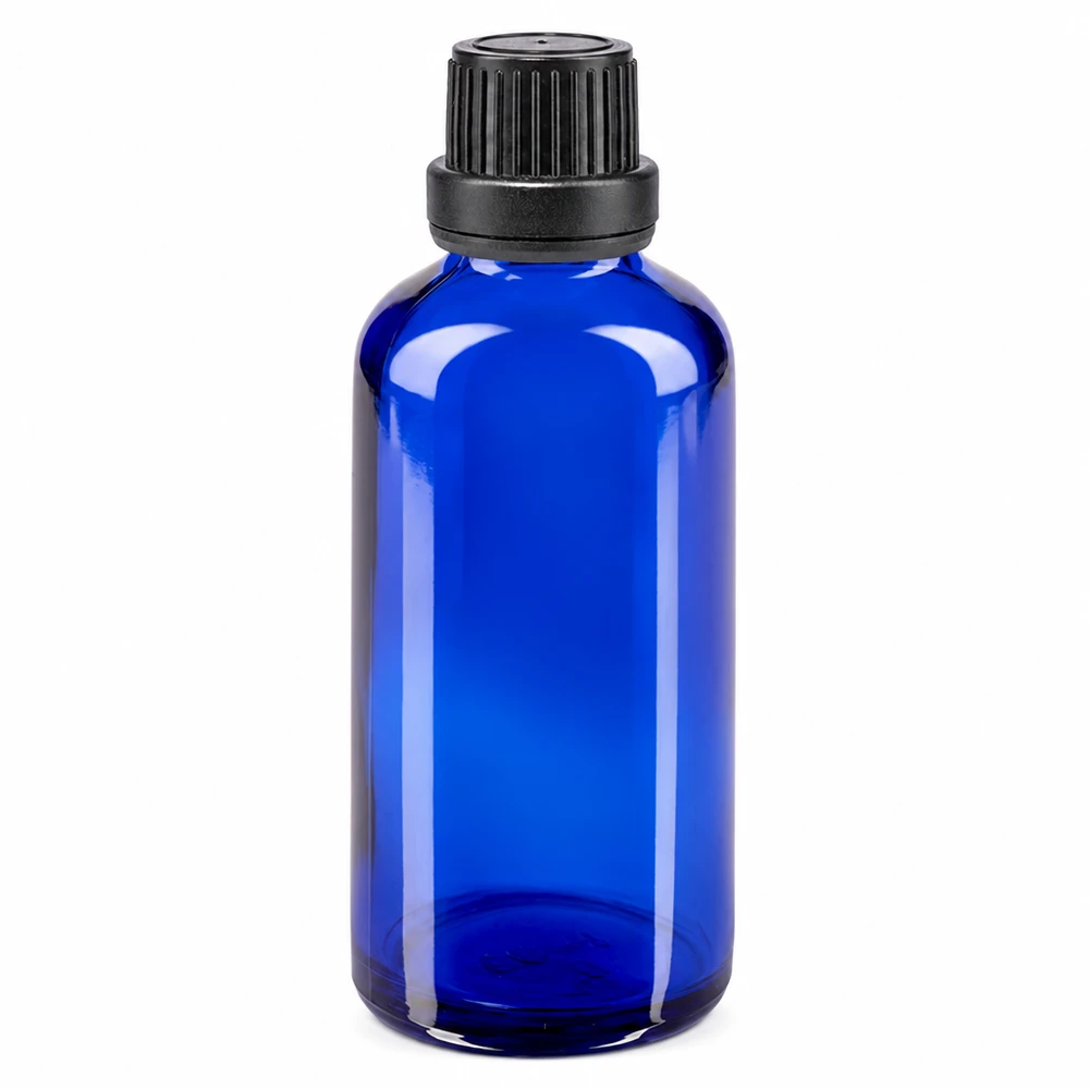 Frasco de cristal azul de 50 ml con tapón de seguridad negro y gotero de 2 mm fabricado en cristal de farmacia