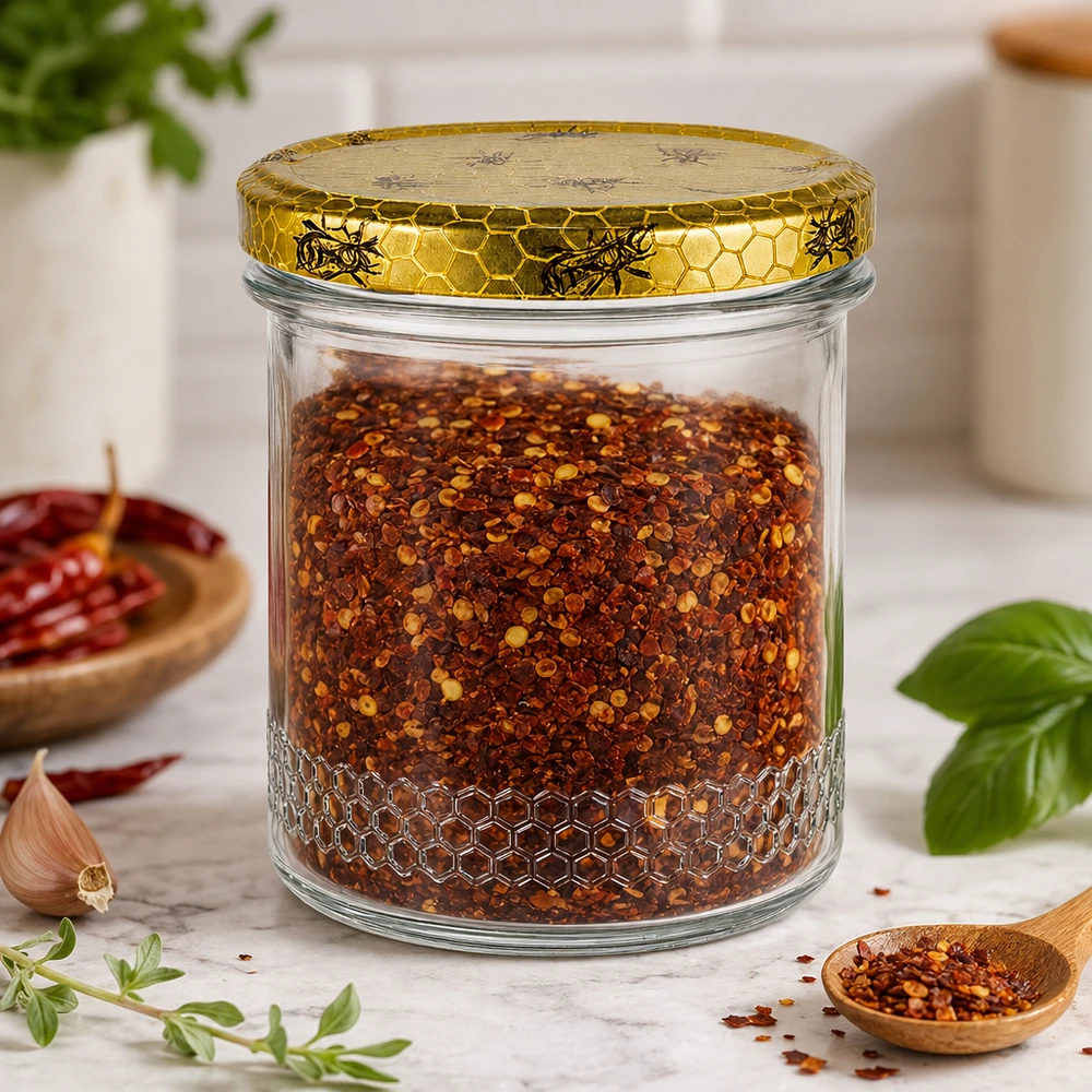 Tarro de miel de 400 ml lleno de mezcla de especias con chile, tapa de panal, escena de cocina con hierbas y cuchara de madera