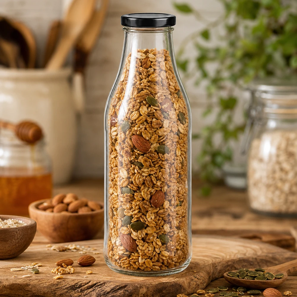 Botella de vidrio de 1000 ml + tapa BasicSeal negra UNiTWIST Frasco de cristal de 1000 ml con tapa negra lleno de muesli y mezcla de frutos secos para almacenar alimentos
