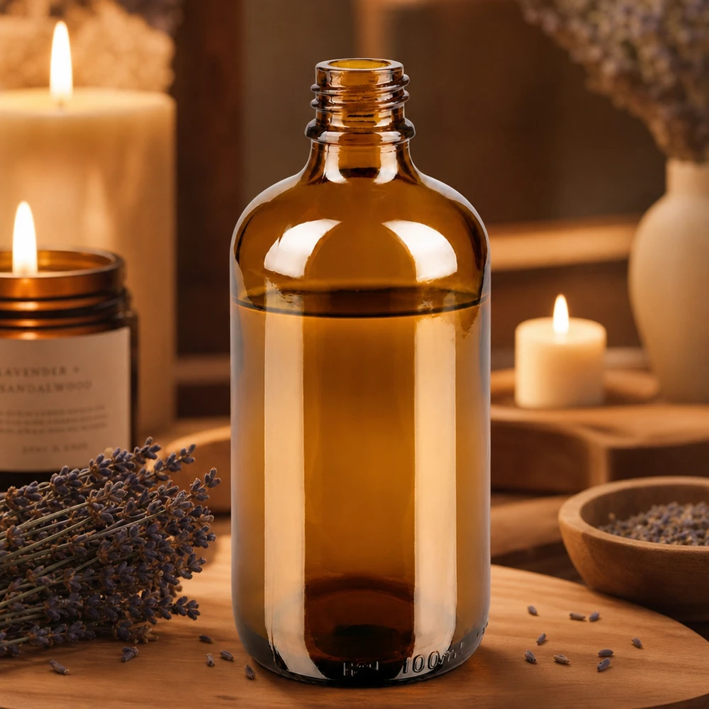 Frasco gotero 100 ml DIN 18 de vidrio ámbar Frasco boticario ApoGlas marrón de 100 ml con aromaterapia de lavanda y velas en un ambiente cálido sobre madera