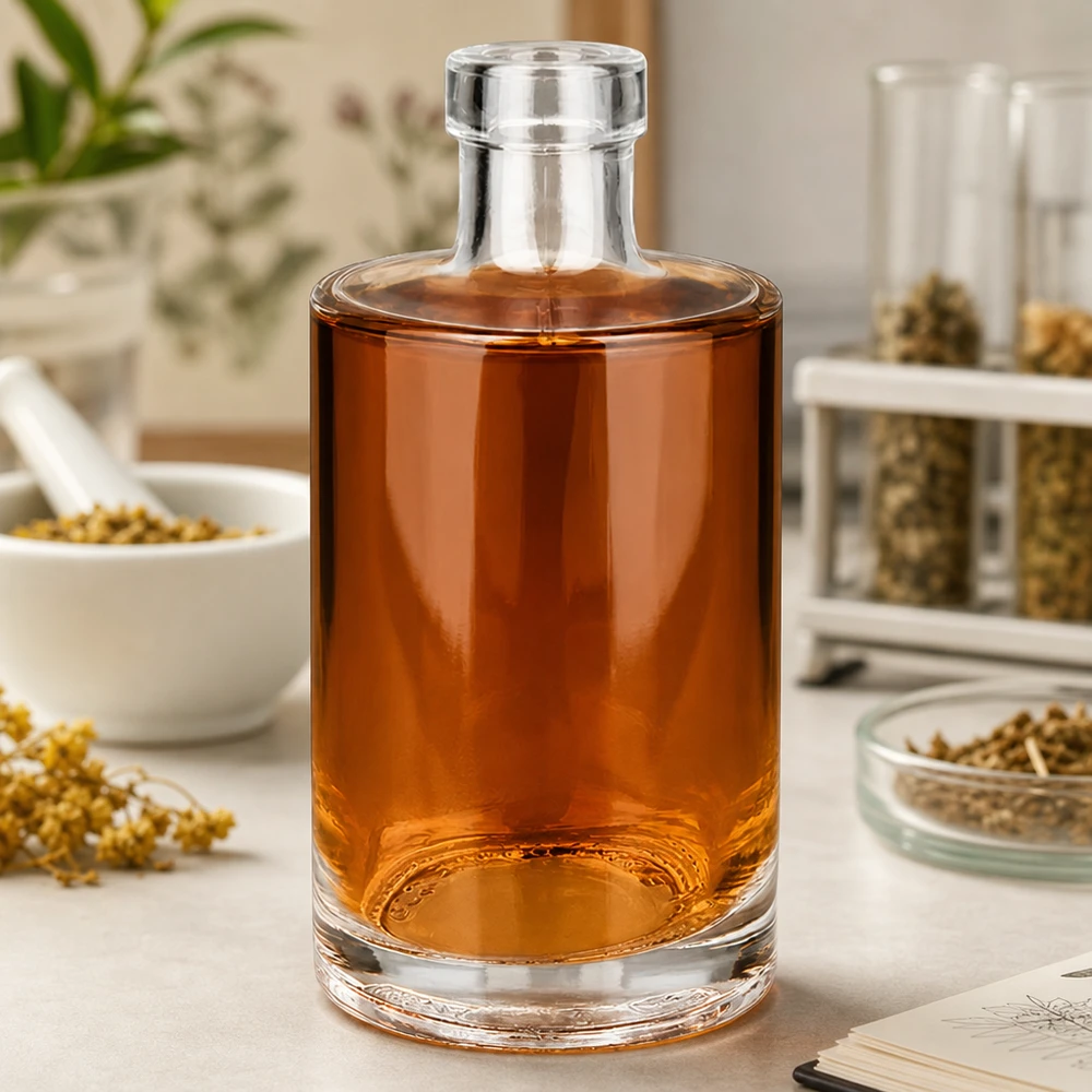 Botella de vidrio de 350 ml «Marie» sin tapón UNiTWIST® Botella de cristal de 350 ml de Marie con contenido de color ámbar en la encimera de la cocina entre especias y hierbas Image 5 de 10