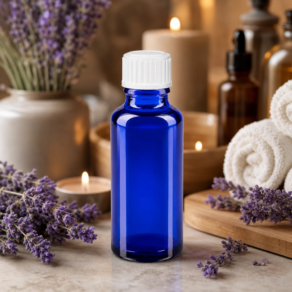Botella de farmacia azul 30ml tapón rosca blanco estándar Frasco de cristal azul de 30 ml con tapón de seguridad para niños de color blanco, para aceites esenciales