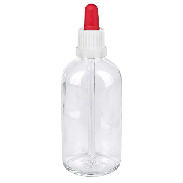 Frasco pipeta 100ml blanco/rojo cierre inviolable ClearLine UT18/100 Frasco con pipeta de 100 ml de cristal transparente con tapón de rosca blanco y bola de pipeta roja