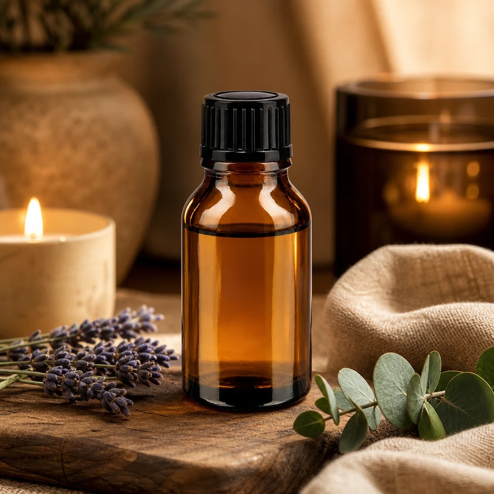 Botella de farmacia marrón 15ml tapón cuentagotas 1mm negro estándar Frasco opaco de 15 ml de cristal marrón con tapón cuentagotas negro sobre fondo de madera con lavanda