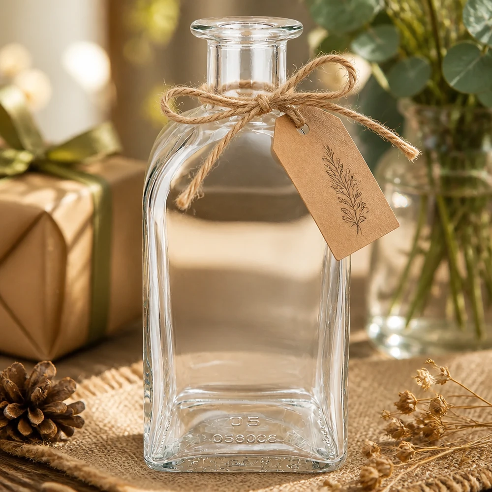 Botella de cristal Julia de 500 ml con decoración rústica Colgante de papel kraft y cordón de yute sobre fondo de madera natural