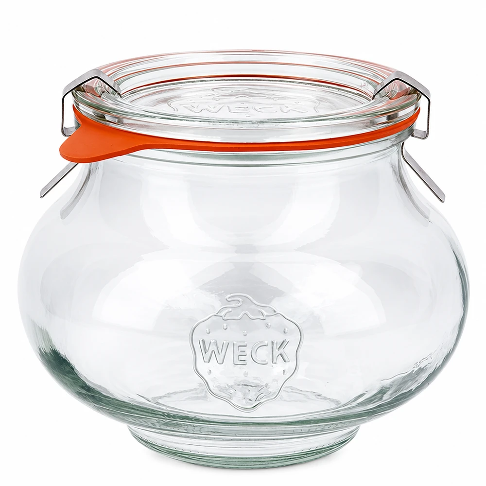 Frasco decorativo de 560 ml, completo, WECK RR80 Tarro para joyas WECK 560ml con tapa de cristal y anillo de goma, forma bulbosa, tarro para conservas con tapa abatible RR80