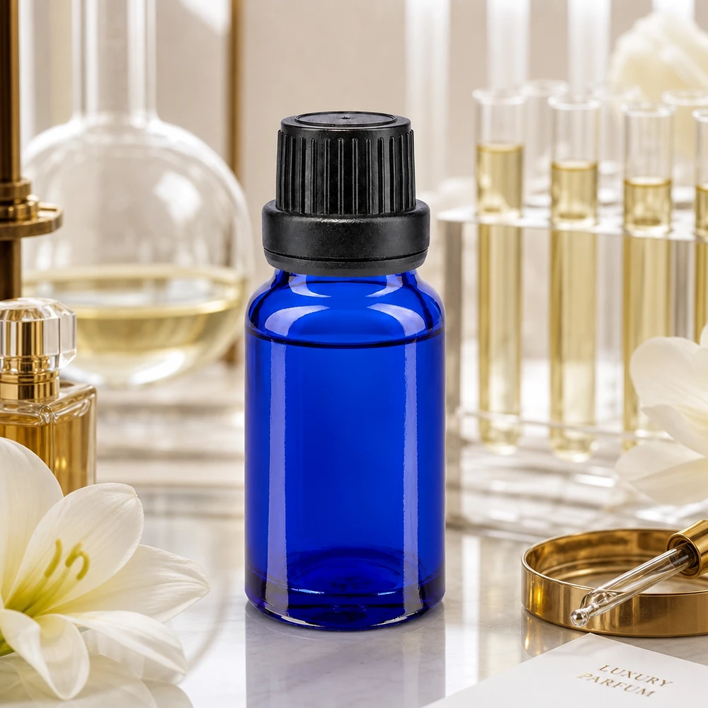 Frasco de farmacia de 10 ml, de color azul, con tapón de seguridad negro y un dosificador de gotas de 2 mm para aceites