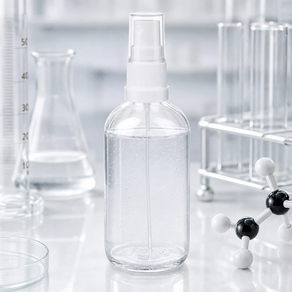 Frasco pulverizador 100ml blanco/transparente tapón estándar ClearLine UT18/100 Botella pulverizadora ClearLine UT18 de 100 ml en un laboratorio con tubos de ensayo y un modelo molecular