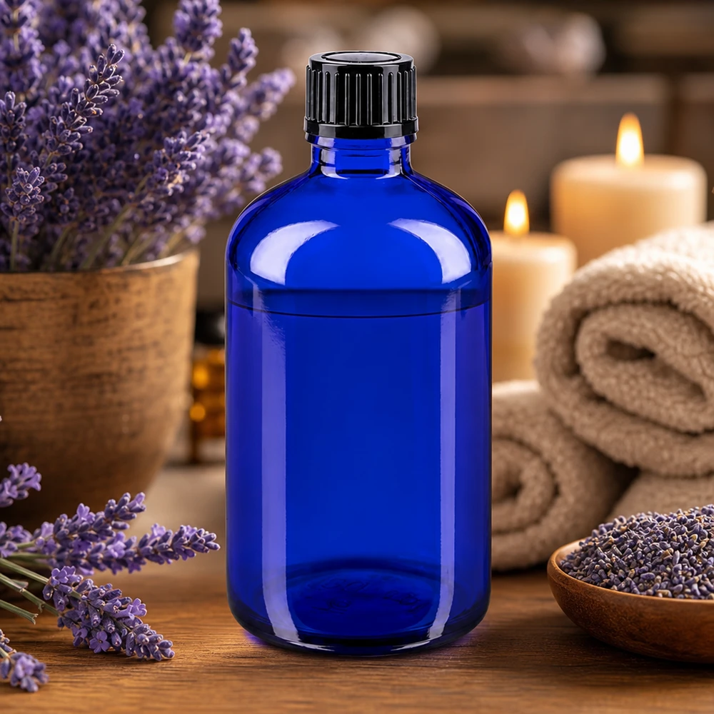 Botella de cristal azul de 100 ml con tapón negro, rodeada de lavanda y velas