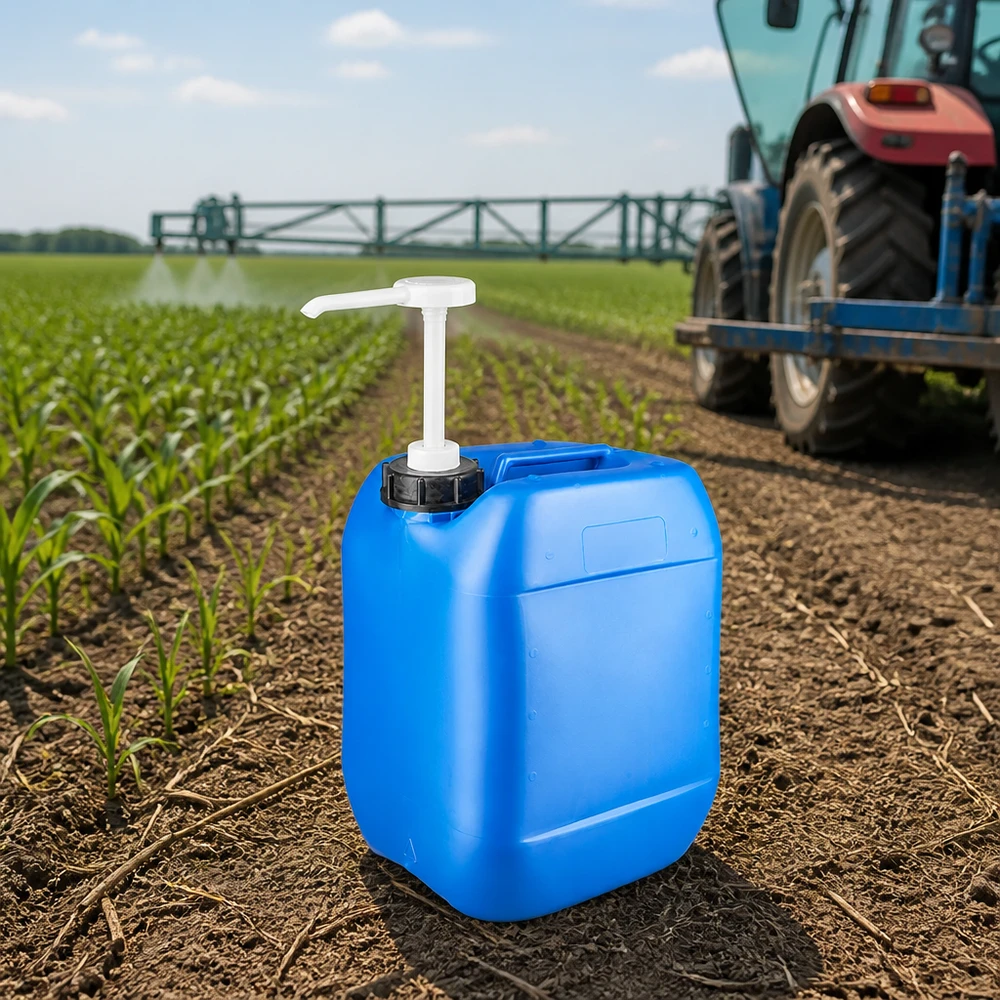 Bidon 10 litros azul con bomba dosificadora Bidón azul de 10 litros con bomba dosificadora en un campo de cultivo